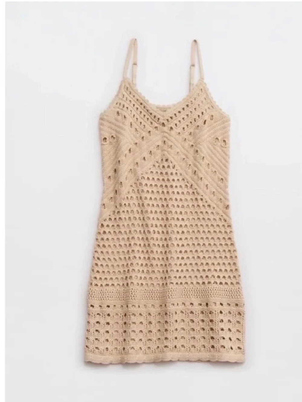 Aerie Beige Crochet Metallic Knit Swim Cover-Up Mini Dress